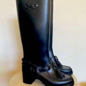 Authentic Salvatore Ferragamo black heeled rain boots